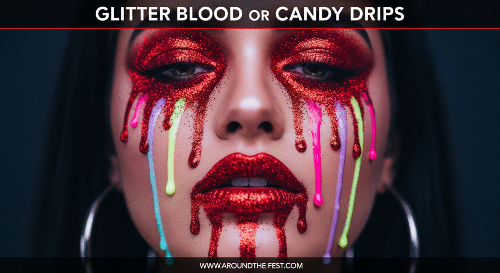 Sparkling glitter blood with red and candy-colored drips under eyes and lips for a glamorous spooky effect.”