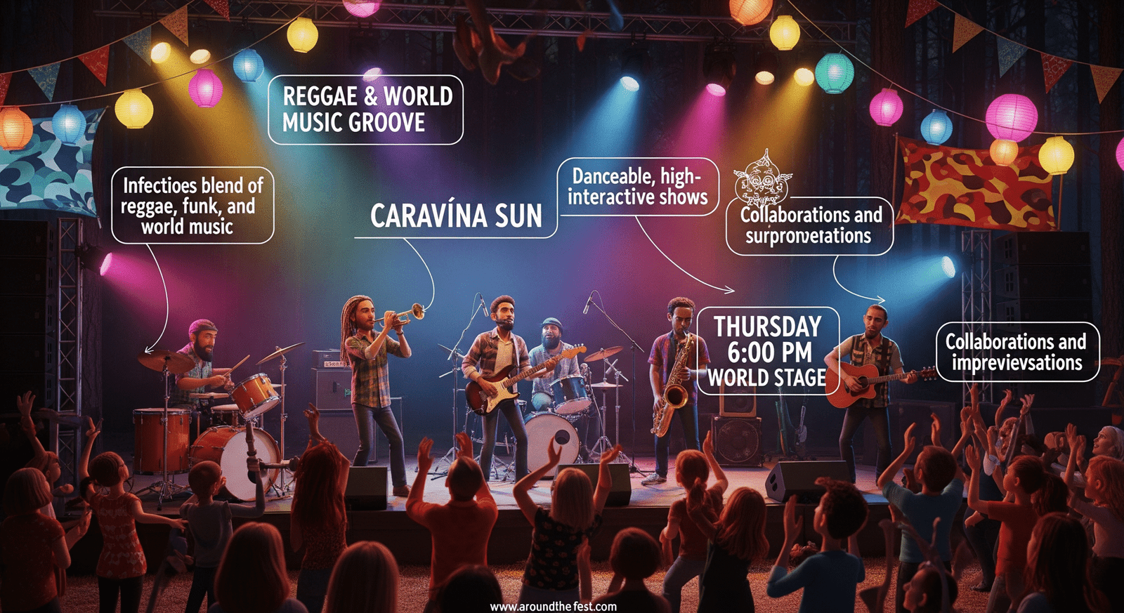 Caravãna Sun performing reggae and world music at the 2025 Woodford Folk Festival World Stage, Thursday 6:00 PM, with percussion, brass, interactive audience, and high-energy grooves.