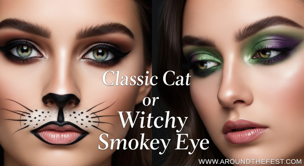 Close-up of Halloween smokey eye makeup: cat-inspired whiskers and nose on one side, witchy green/purple shimmer on the other, with the name displayed on the image."