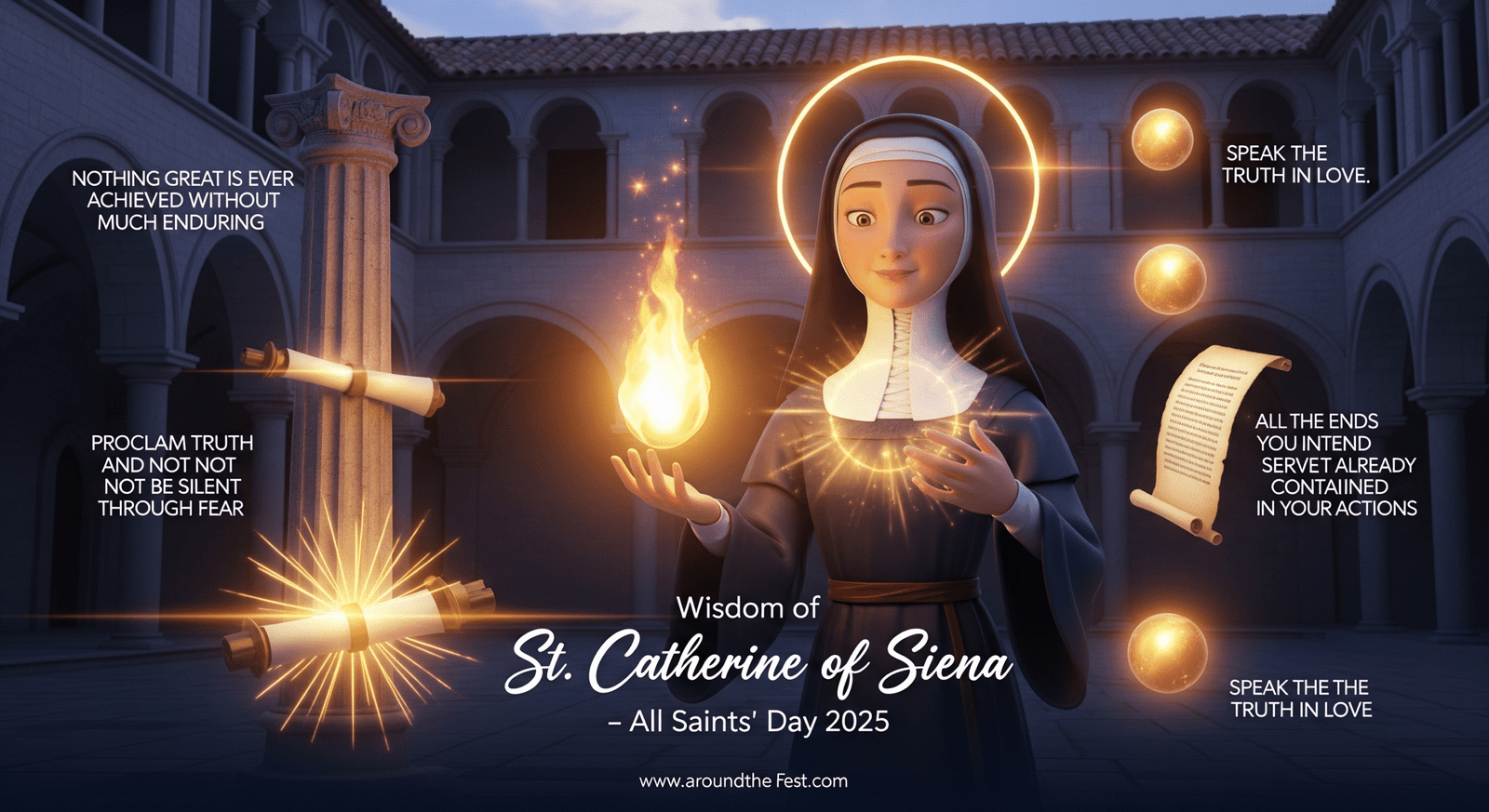 "St. Catherine of Siena holding a glowing flame in a monastery courtyard, surrounded by symbols of perseverance, truth, love, and intention – 