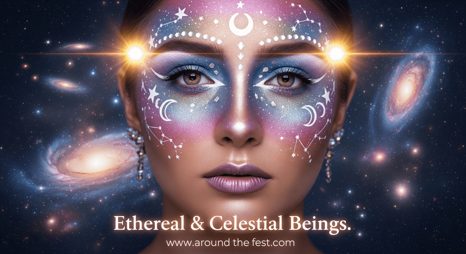 Unique makeup idea for 2025 showing ethereal and celestial beings with nebula-inspired pastel gradients, glittery constellations, crystal accents, and glowing solar highlights against a cosmic starry background."