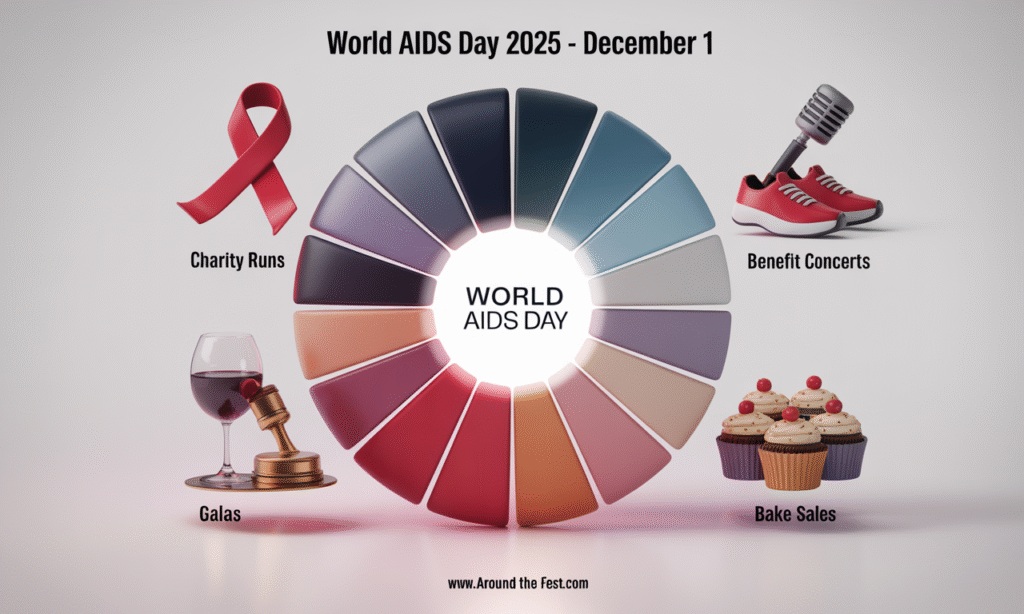 "World AIDS Day 2025 infographic with icons for charity runs, benefit concerts, galas, and bake sales supporting HIV awareness."