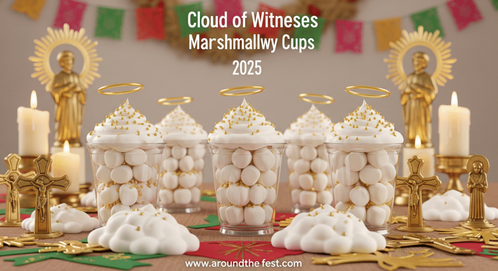 Cloud of Witnesses Marshmallow Cups with whipped cream, mini marshmallows, and gold sprinkles for All Saints’ Day 2025, symbolizing Hebrews 12:1.”