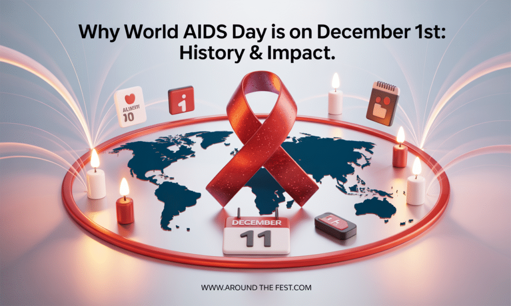 banner showing a red ribbon above a world map and December 1 calendar page, symbolizing why World AIDS Day is on December 1st.