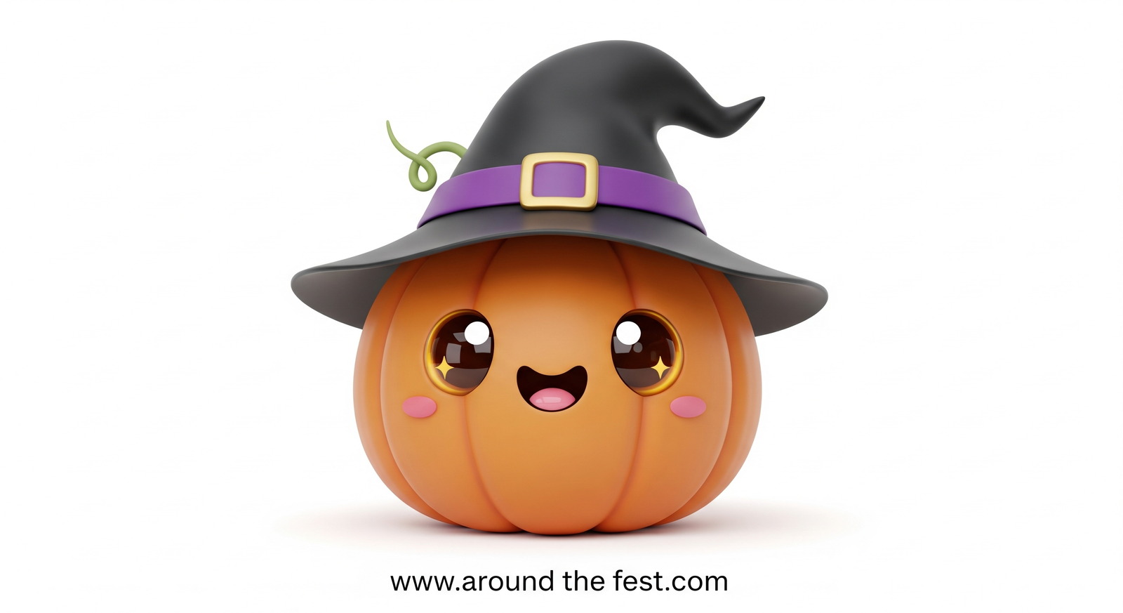Cute cartoon pumpkin with big kawaii eyes, orange color, and a black witch hat with a purple band.