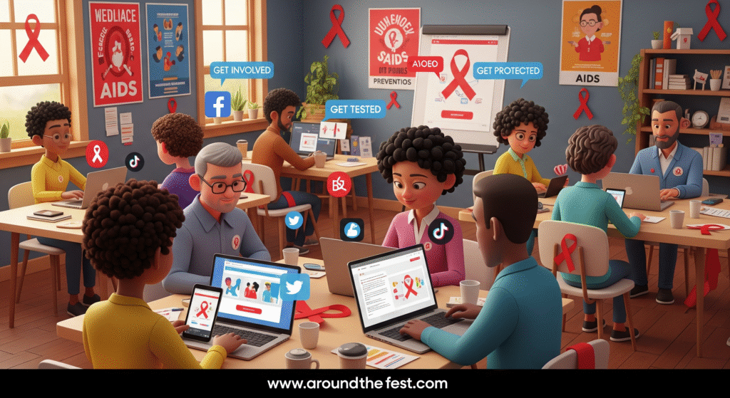 “Illustration of a community workshop and digital webinar showing diverse participants, red ribbons, and awareness materials.”
