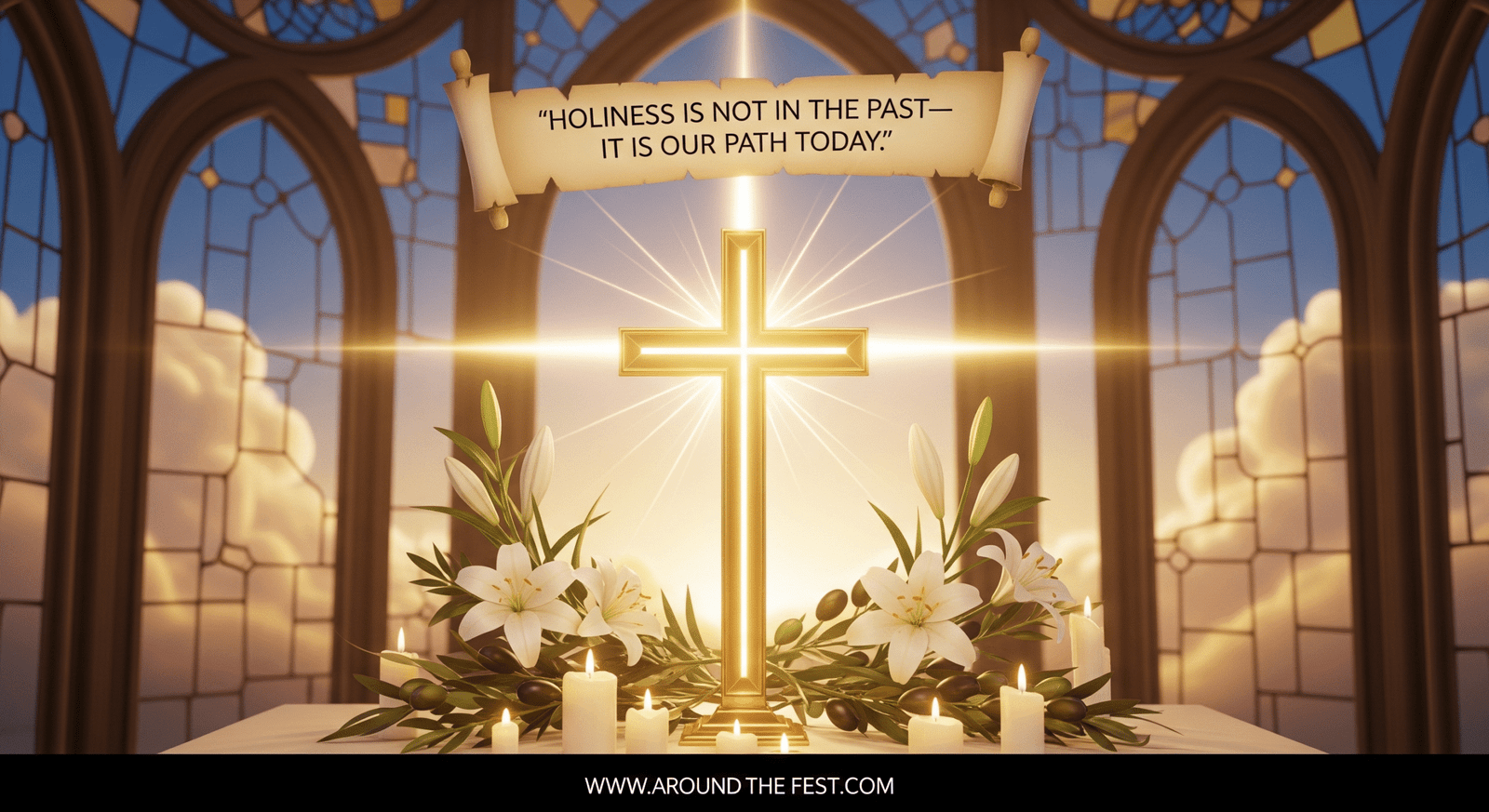 artwork with golden cross, lilies, candles, and scroll with quote ‘Holiness is not in the past—it is our path today,’ glowing light rays and stained-glass background."