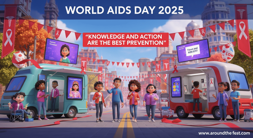 community illustration showing people practicing on World AIDS Day 2025, including testing, sharing advice, distributing educational materials, with red ribbons and banners, quote: ‘Knowledge and action are the best prevention.’”