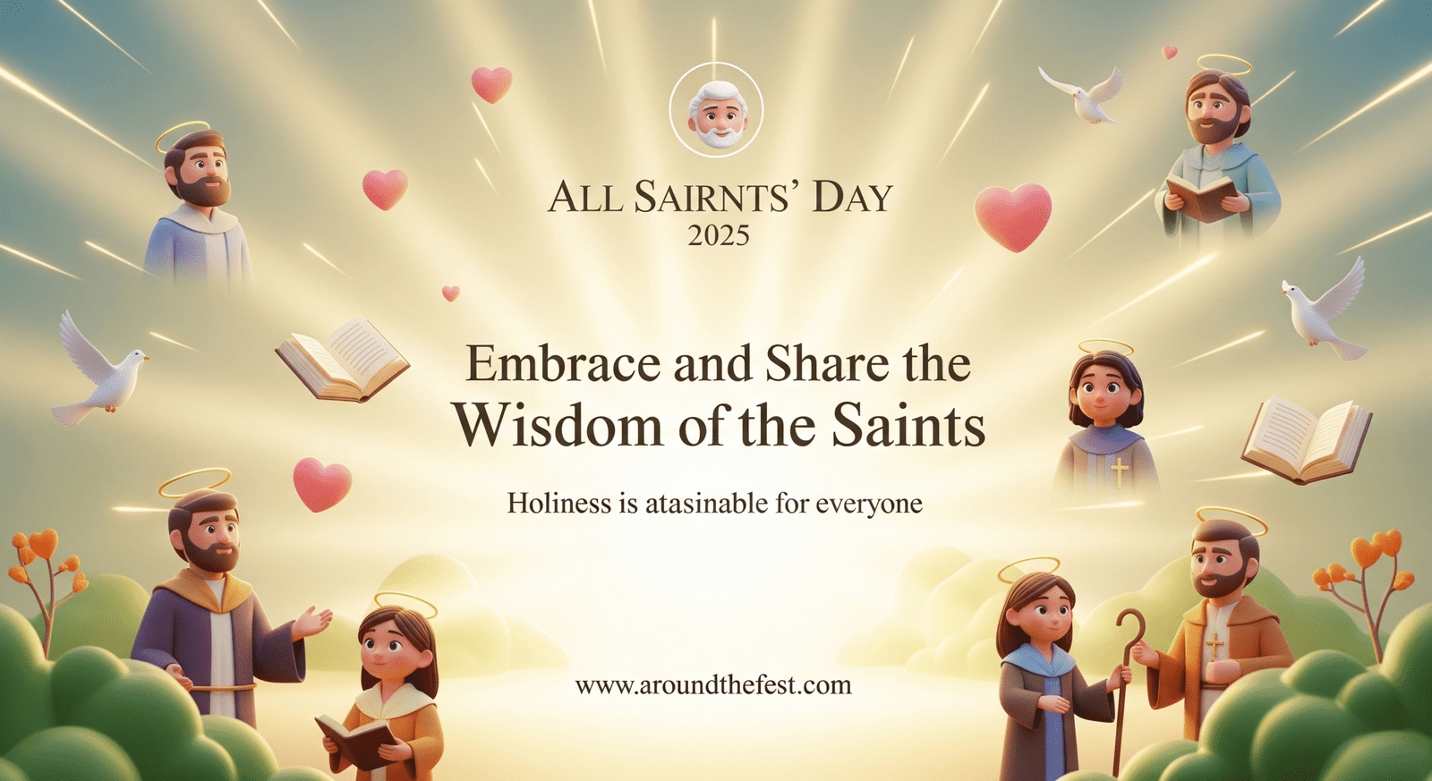 graphic showing saintly wisdom, reflection, acts of love, children and adults inspired by saints, warm glowing light,