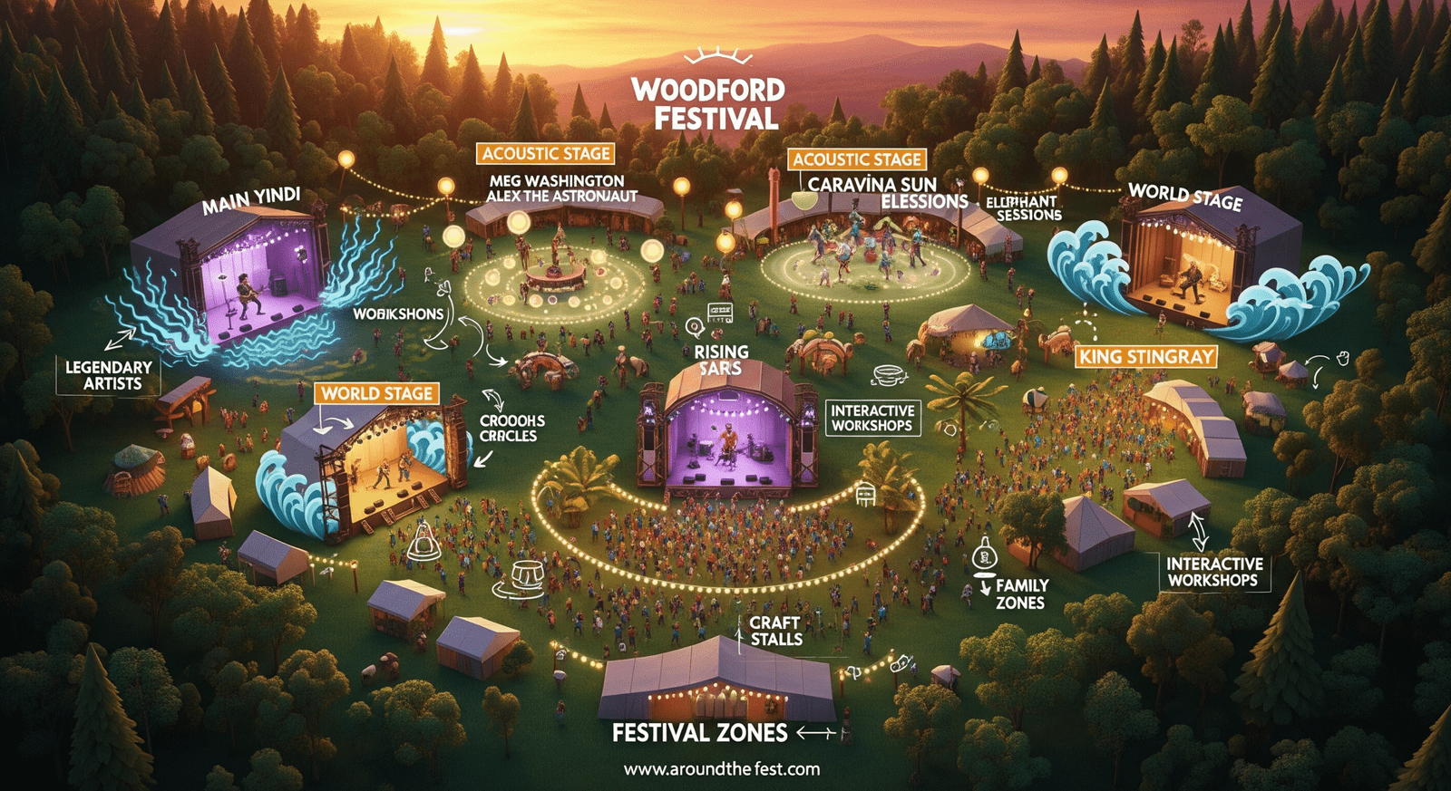 illustrated map showing Main, Acoustic, and World Stages with artists Yothu Yindi, Meg Washington, Alex the Astronaut, Caravãna Sun, and King Stingray, plus workshops, craft tents, and interactive festival zones in Queensland forest."