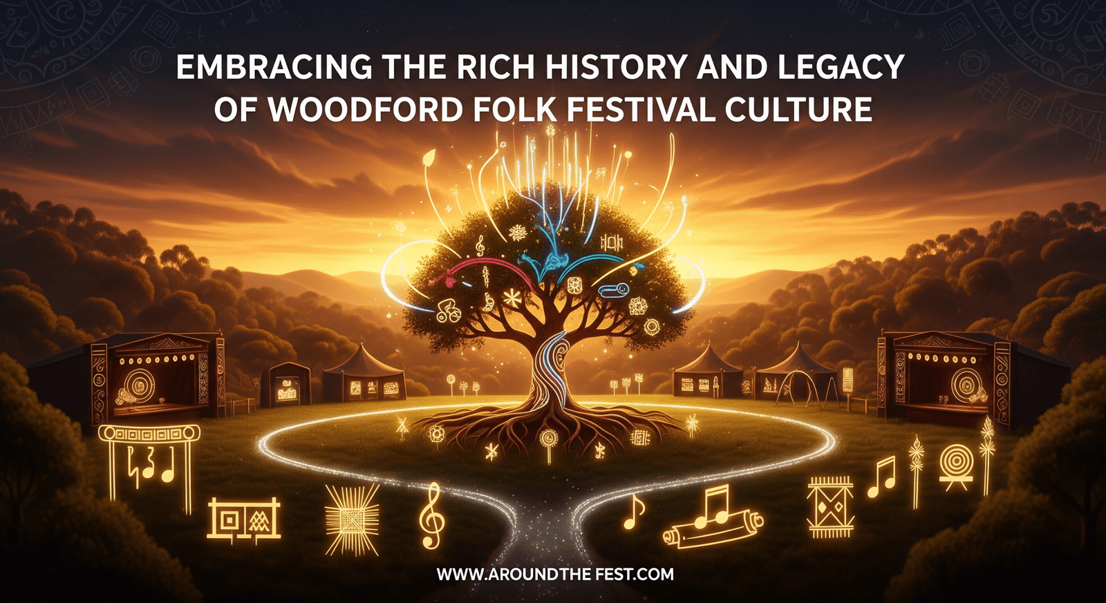 "Embracing the Rich History and Legacy of Woodford Folk Festival Culture, with a glowing cultural tree rooted in folk traditions and branching into modern creativity at sunset in Woodfordia."