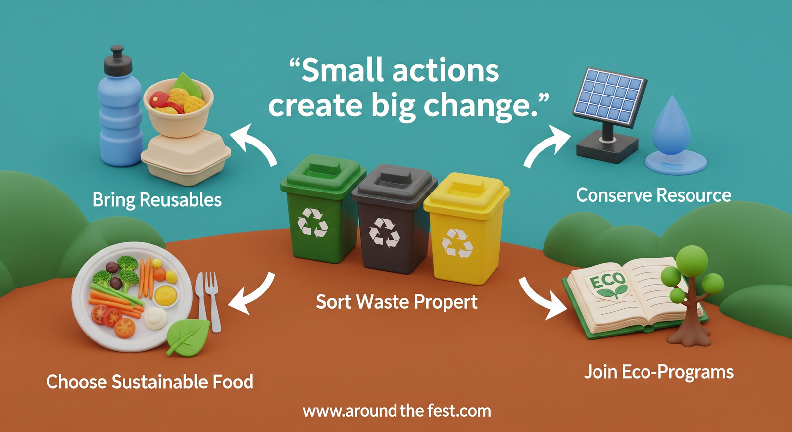Woodford Folk Festival 2025 infographic showing attendee actions: reusable bottles, recycling bins, sustainable food, conserving energy and water, and joining eco-programs, with the quote 'Small actions create big change.'"