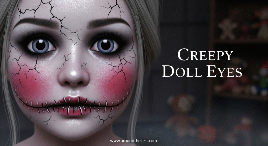 "Creepy Doll Eyes Halloween makeup with cracked porcelain skin, rosy cheeks, oversized pupils, and optional stitched mouth, with 'Creepy Doll Eyes' written on the image."