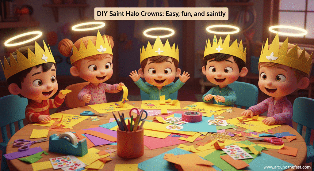 “Young children making and wearing DIY Saint Halo Crowns with yellow construction paper, glitter, and stickers, smiling and engaging in a fun All Saints’ Day craft activity.”