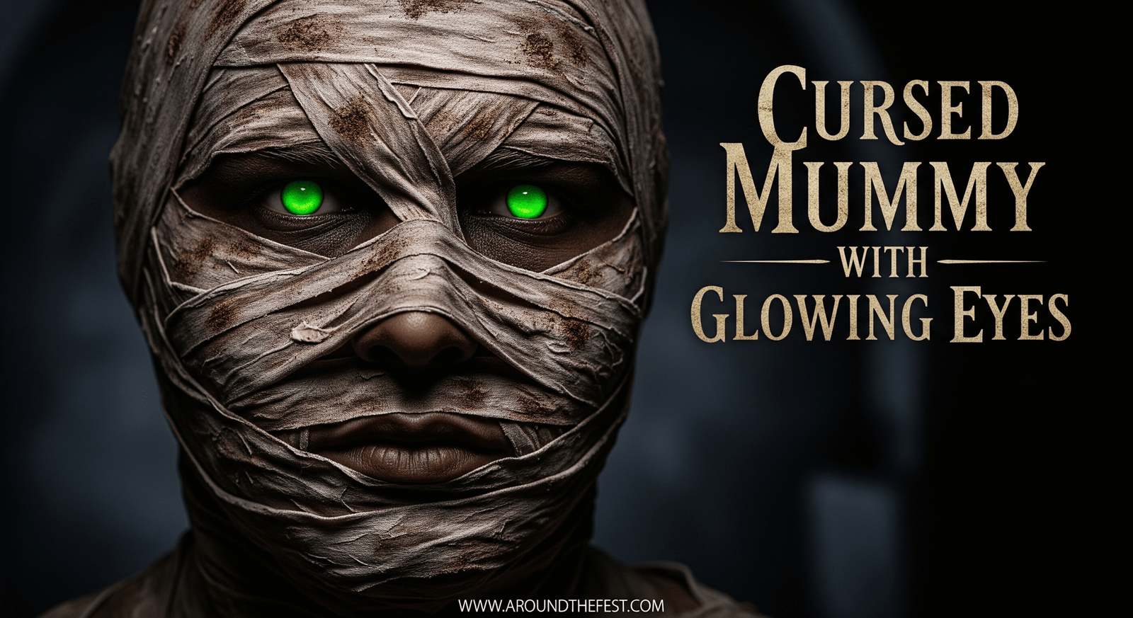 "Realistic Cursed Mummy Halloween makeup with glowing UV-reactive eyes, textured bandage effect, name displayed on the image."