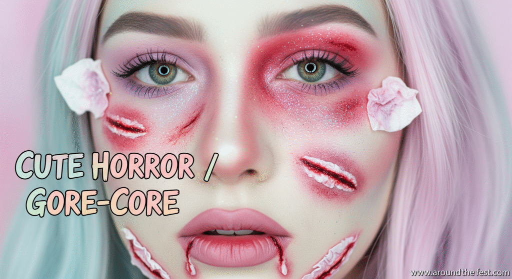 Realistic Cute Horror / Gore-Core Halloween makeup with playful pastel wounds, soft bruises, glitter highlights, and the name displayed on the image."