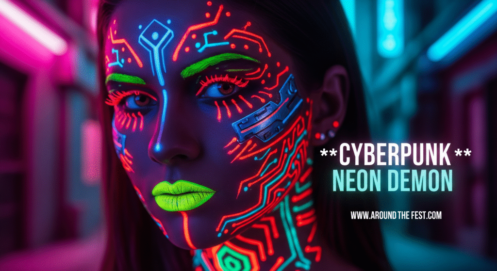 "Ultra-realistic Cyberpunk Neon Demon Halloween makeup with neon face paints, glowing circuit patterns, metallic prosthetics, and 'Cyberpunk Neon Demon' written on the image."