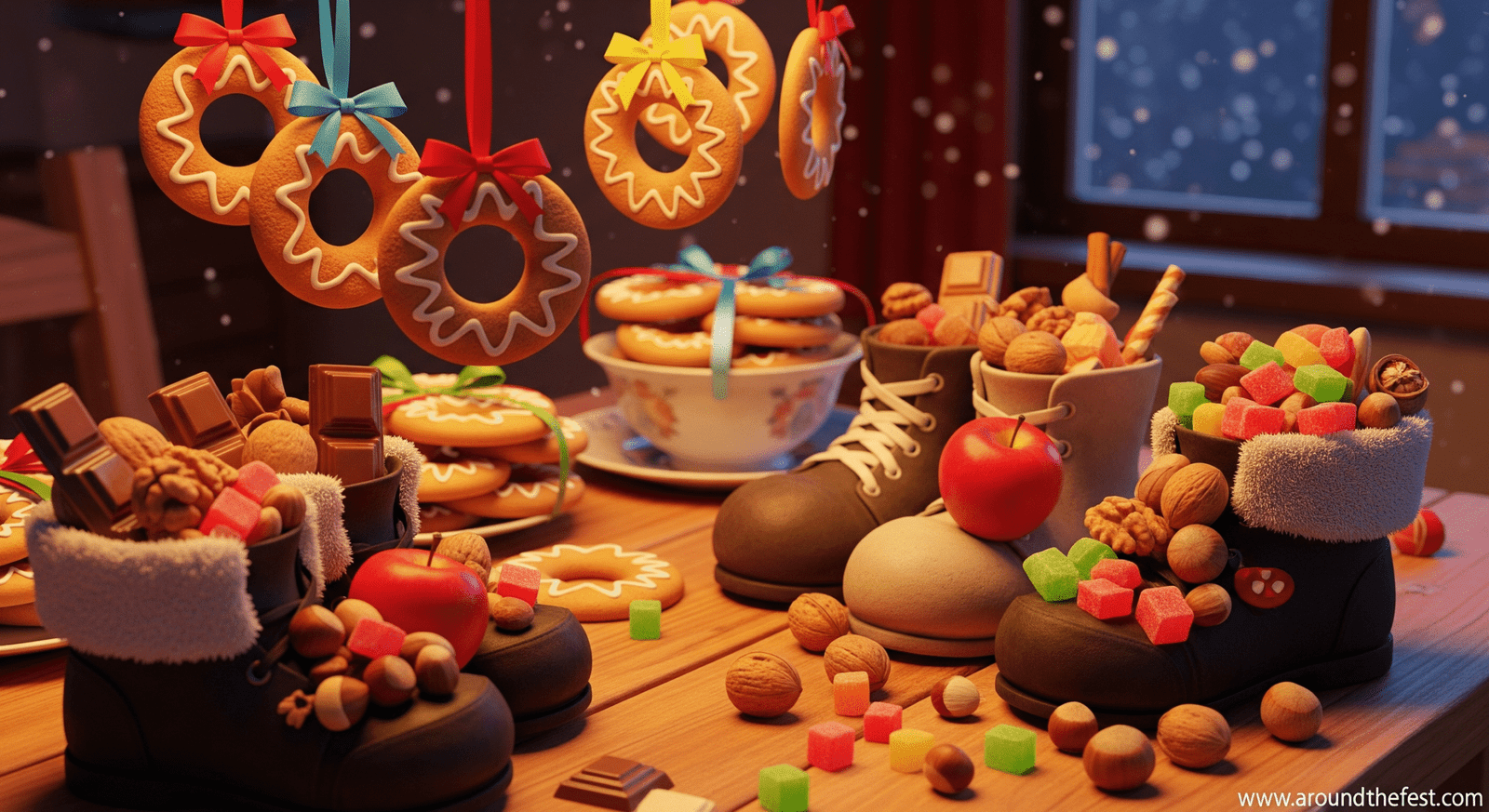 “Czech Republic St. Nicholas Day treats: chocolates, apples, nuts, candied fruits, and decorated perníčky honey cookies doubling as Christmas ornaments.”