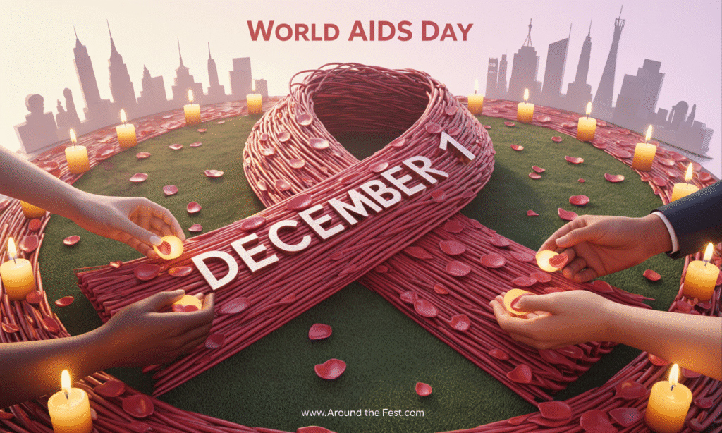 World AIDS Day December 1 banner with diverse hands forming a glowing red ribbon mosaic and candles around global city skylines.
