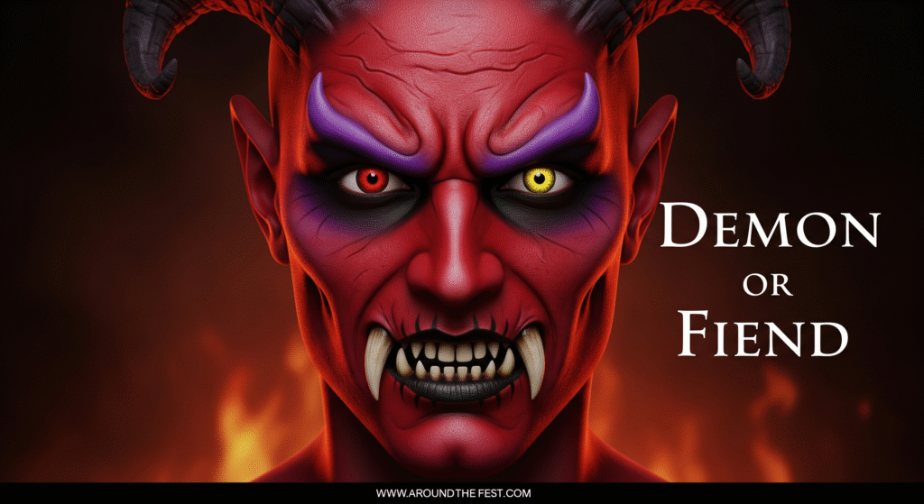 "Ultra-realistic Demon or Fiend Halloween makeup with red/purple base, horns, blackened teeth, glowing eyes, with 'Demon or Fiend' written on the image."