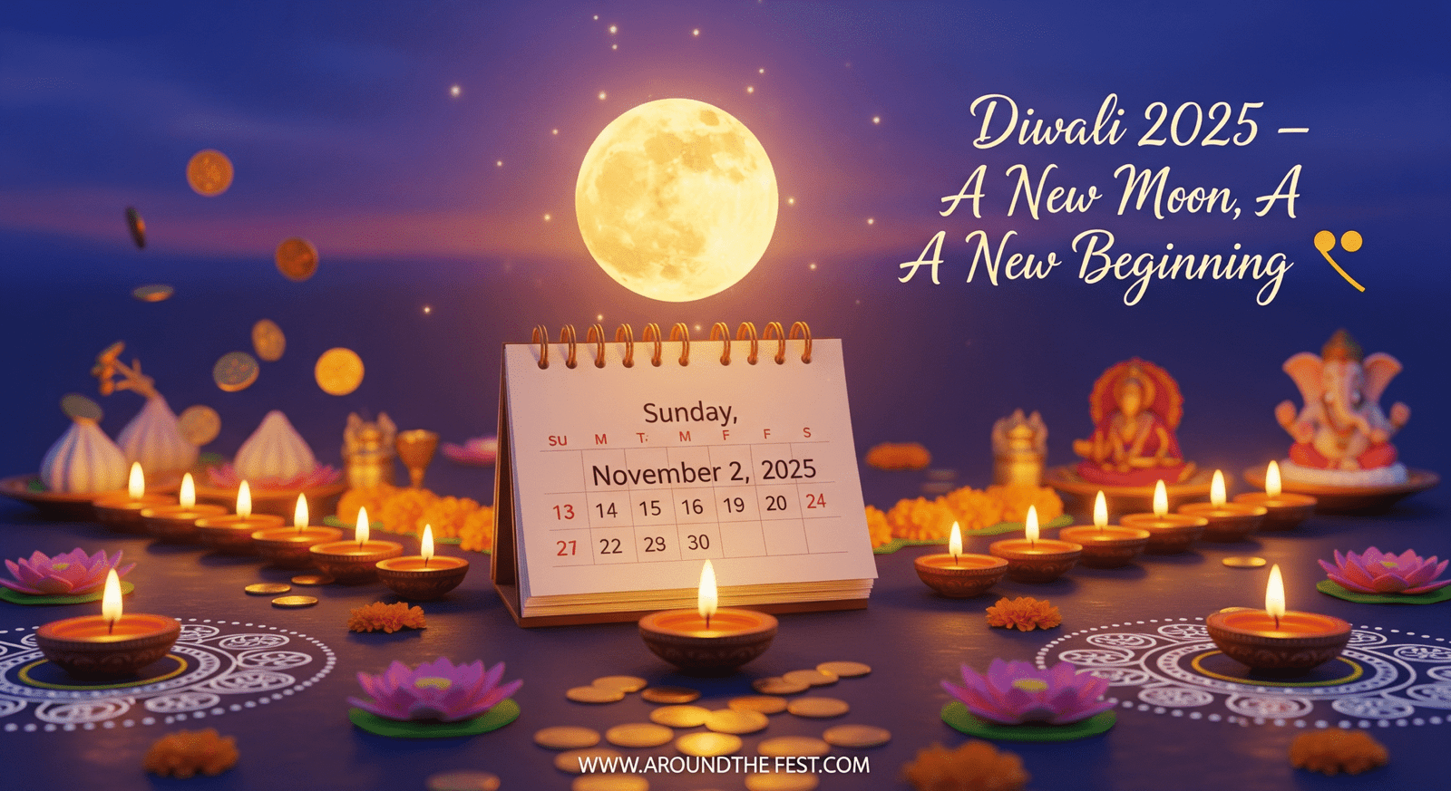 Spiritual illustration of Diwali 2025 date – November 2, 2025, showing glowing calendar, new moon of Kartika Amavasya, surrounded by diyas, lotus flowers, rangoli, and divine symbols of Goddess Lakshmi and Lord Ganesh with quote ‘Diwali 2025 – A New Moon, A New Beginning’ in golden twilight tones."