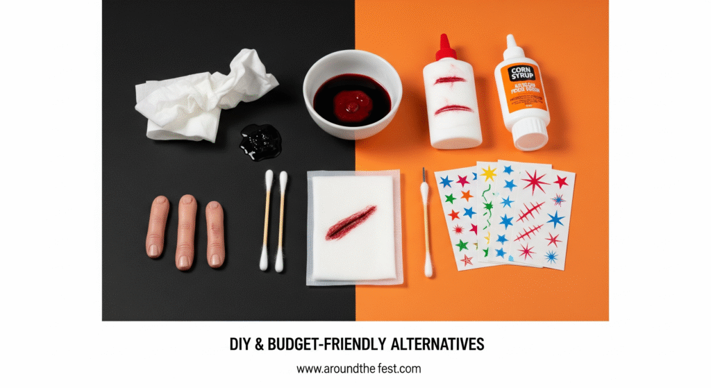 “DIY makeup hacks with fake blood mix, tissue wounds, cotton swabs, and fun stickers for budget-friendly effects.”