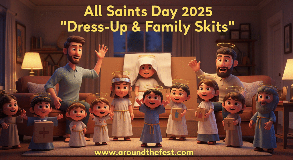 “Kids and parents performing saint skits in homemade costumes for All Saints’ Day 2025.”