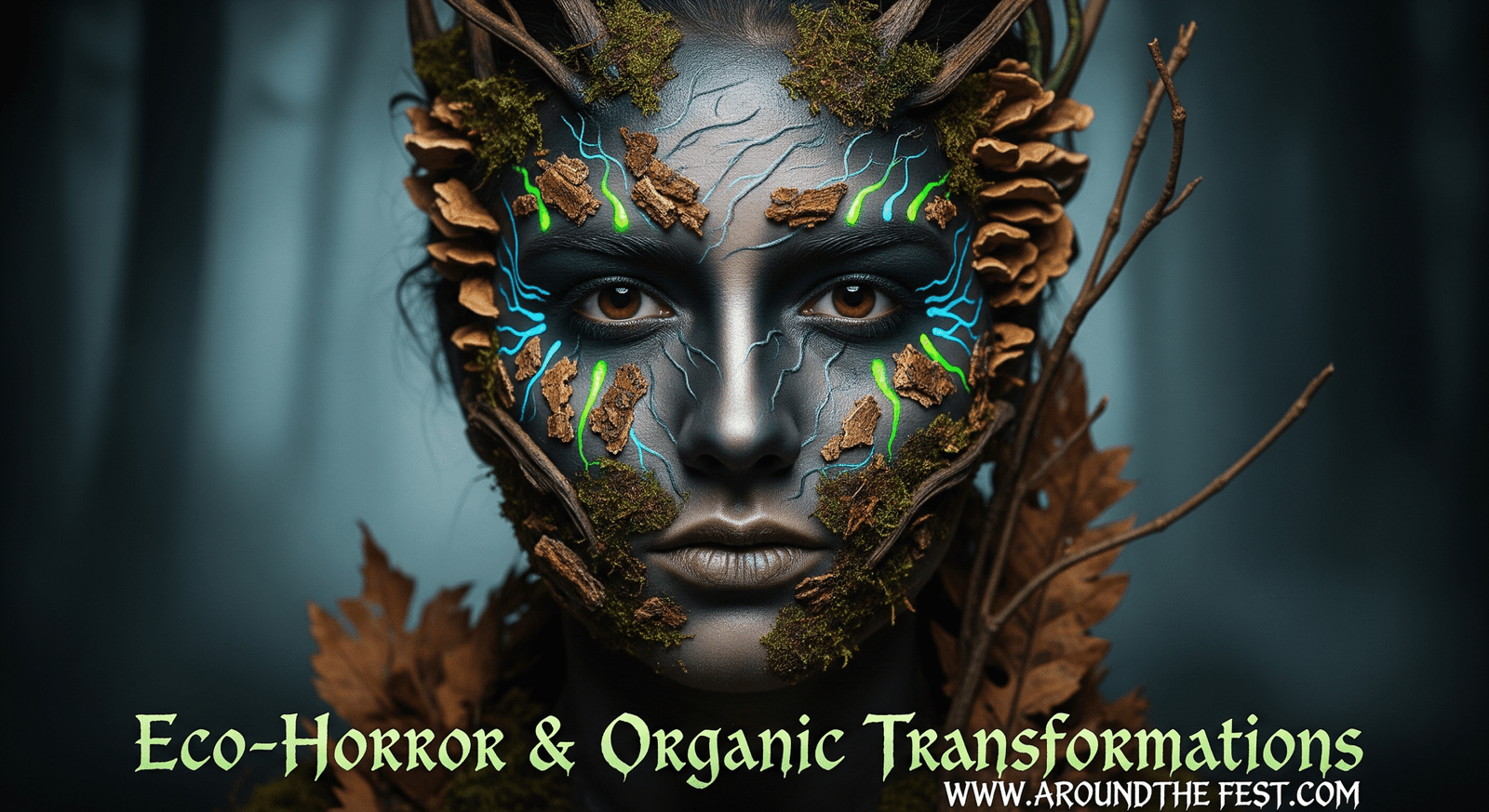 “Eco-horror with fungal growth textures, mossy skin patterns, polluted water veins, and glowing bioluminescent highlights using earthy tones and organic props like twigs and leaves.”