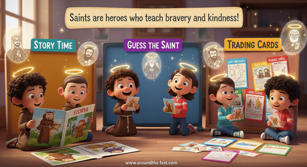 “Elementary school children reading saint stories, playing ‘Guess the Saint’, and making trading cards with haloed saint illustrations, highlighting fun ways to learn about All Saints’ Day.”