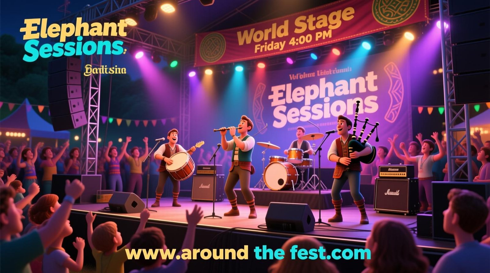 Elephant Sessions performing Celtic world music at the 2025 World Stage, Friday 4:00 PM, with bagpipes, percussion, and audience participation.