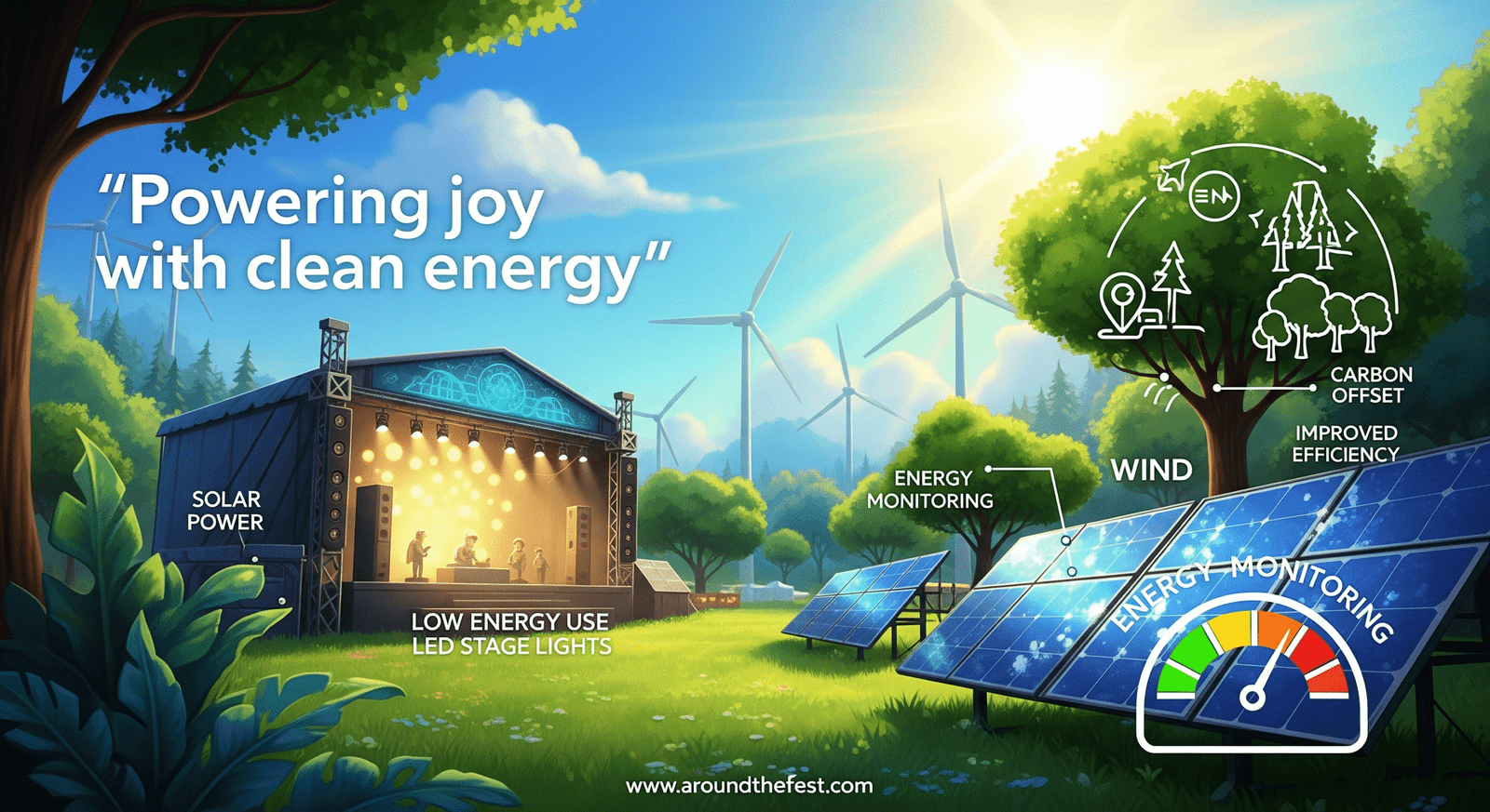 renewable energy infographic with solar-powered stage, wind turbines, LED lights, carbon offset tree icon, and sustainability quote overlay: 'Powering joy with clean energy.'"