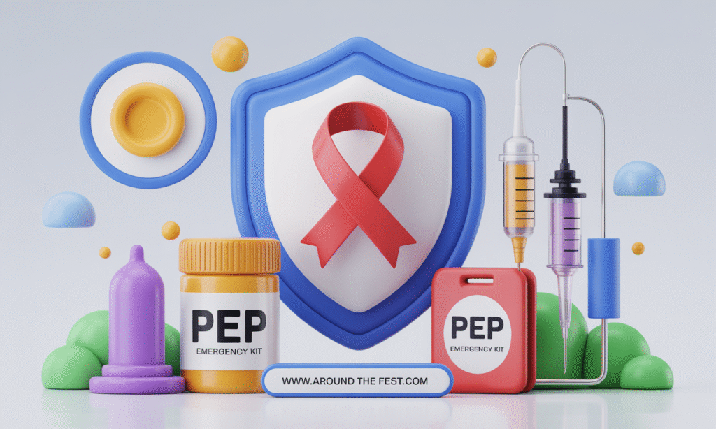 “Illustration showing tips including condoms, PrEP, PEP, and safe injection practices with red ribbons and protective symbols.”