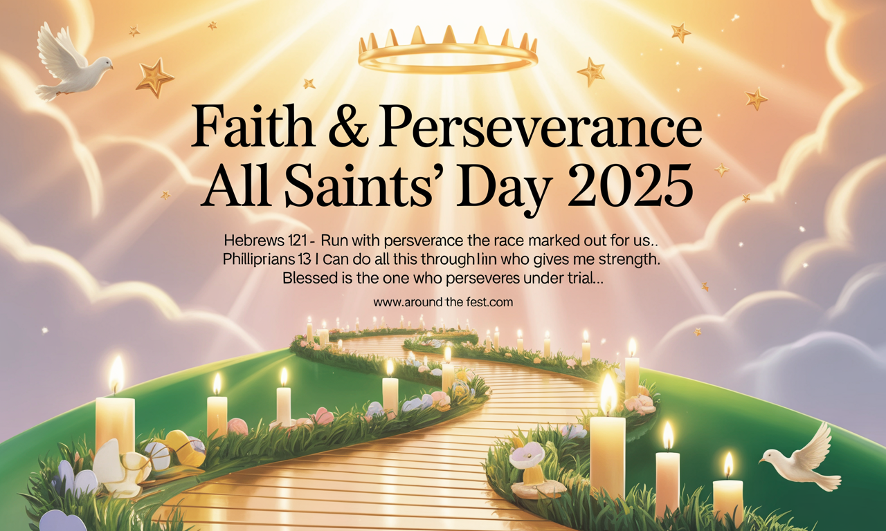 "Inspirational All Saints’ Day 2025 social media visual featuring Bible verses on faith and perseverance, glowing path, candles, doves, and ethereal saints for guidance and hope."