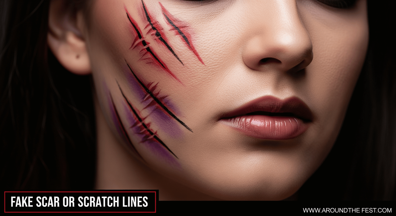 “Beginner showing fake scar and scratch lines smudged with red and purple for a bruised, realistic effect.”