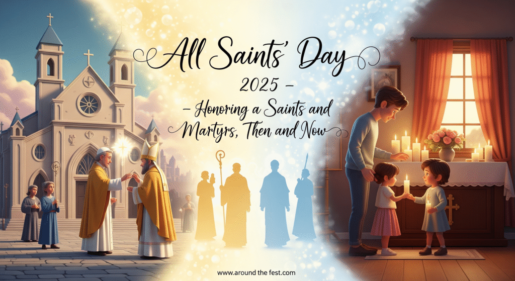 image showing historical church with Pope Gregory III and modern home observance, connecting saints and martyrs across time, overlay quote about faith and continuity."