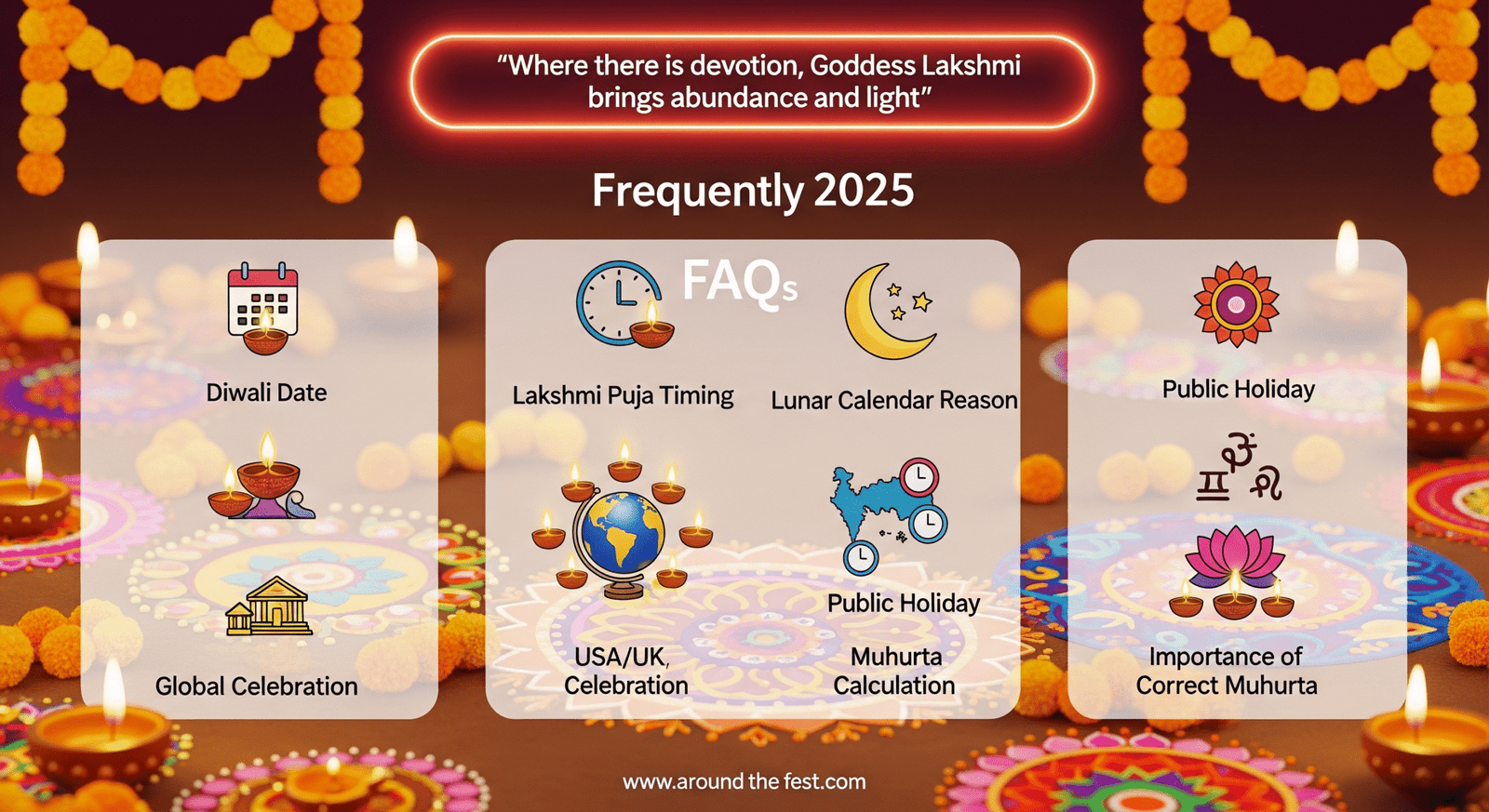 Ultra-minimal Diwali 2025 infographic with icons for date, Lakshmi Puja timing, lunar calendar, global celebrations, muhurta calculation, and public holiday, with the quote: 'Where there is devotion, Goddess Lakshmi brings abundance and light.'"