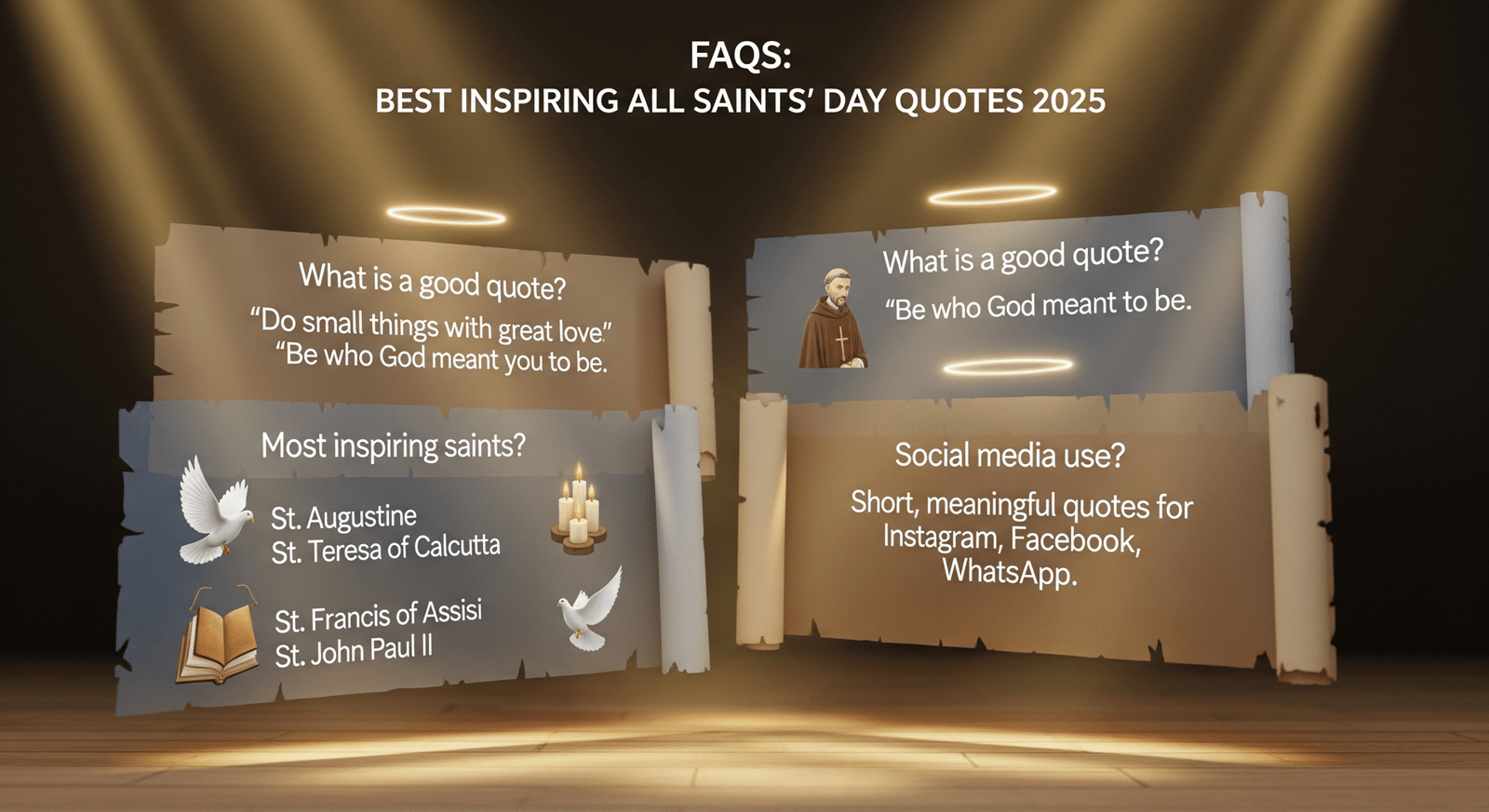 FAQ graphic with saint quotes, Bible verses, glowing panels, halos, doves, pastel-gold background