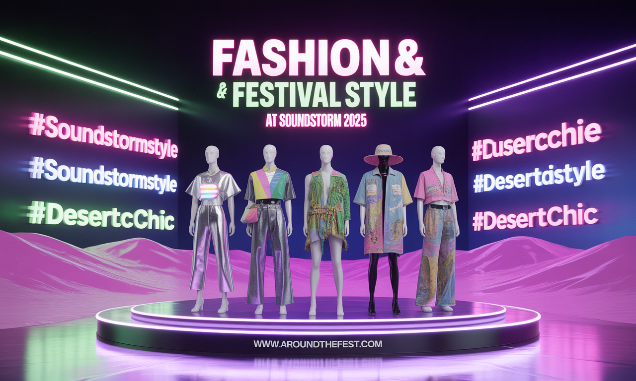 "Fashion & Festival Style at Soundstorm 2025 featuring bold metallic outfits, glow-in-the-dark accessories, eco-conscious wear, and exclusive merch trends."