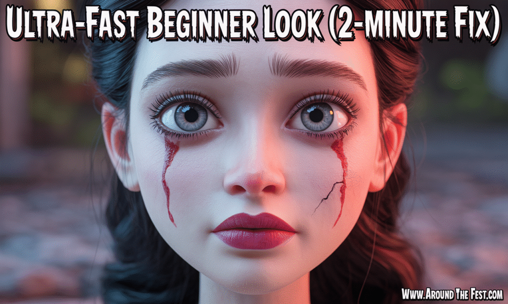 “Beginner Halloween makeup look with bloody tears, facial crack, and smudged eyeliner for a quick 2-minute effect.”