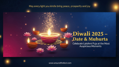 Diwali 2025 featured banner with floating 3D diyas and lotus flowers, central divine glow, sparkling particles, subtle rangoli patterns, and the quote: 'May every light you kindle bring peace, prosperity, and joy.'"