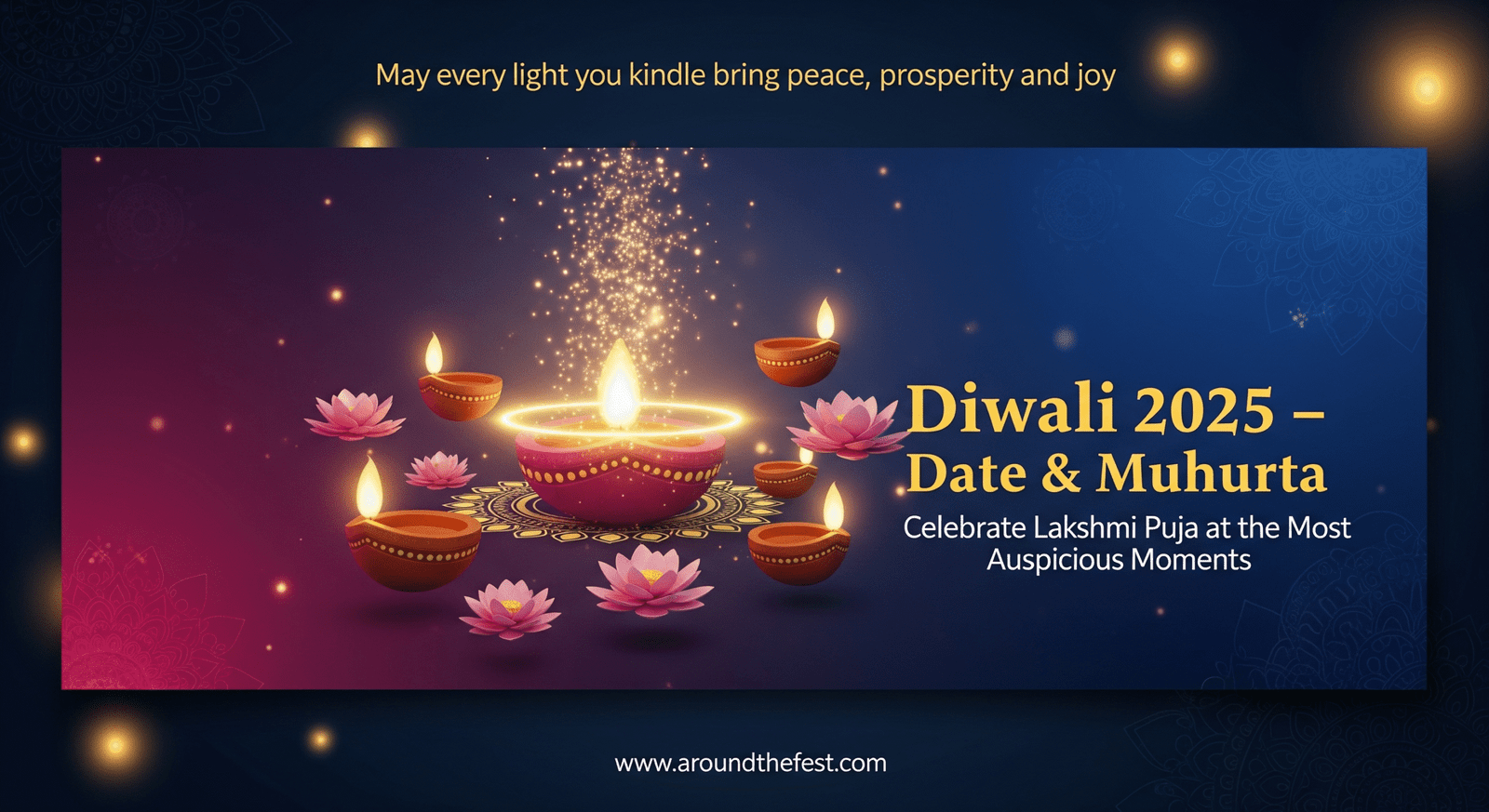 Diwali 2025 featured banner with floating 3D diyas and lotus flowers, central divine glow, sparkling particles, subtle rangoli patterns, and the quote: 'May every light you kindle bring peace, prosperity, and joy.'"