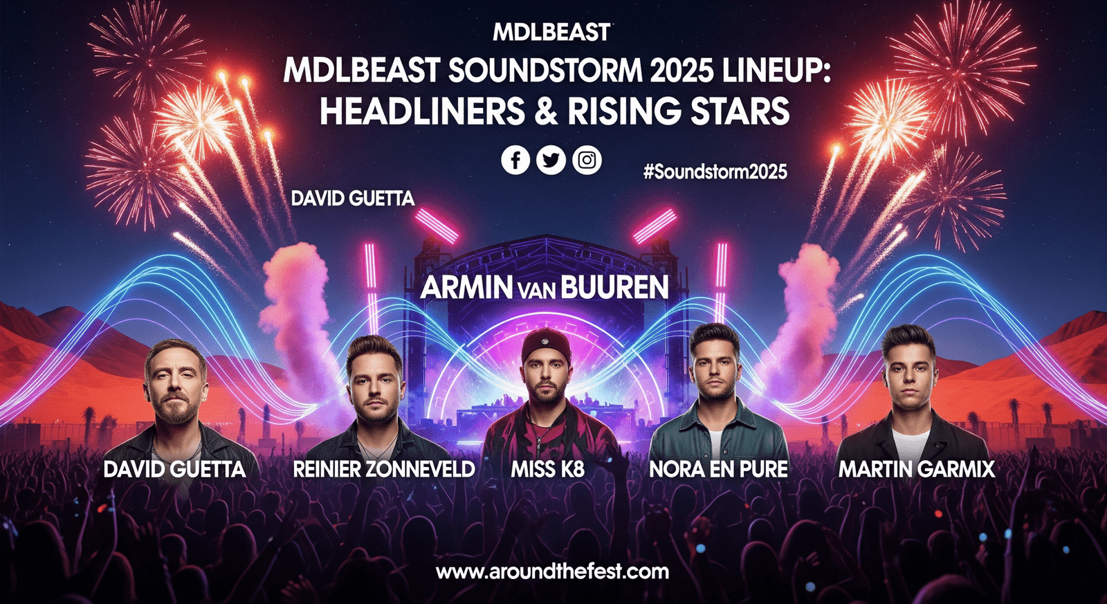 "MDLBEAST Soundstorm 2025 Lineup: Headliners & Rising Stars – Create a bold, festival-themed featured banner. Include: Main headliners: David Guetta, Armin van Buuren, Martin Garrix Rising stars: Reinier Zonneveld, Miss K8, Nora En Pure Style: vibrant desert festival aesthetic with neon stage lights, pyrotechnics, dynamic visual energy lines representing music, subtle crowd silhouettes (no human faces). Use bold, readable text for the lineup title. Add small social media icons and hashtags (#Soundstorm2025, #MDLBEAST) for context. Emphasize excitement, energy, and festival vibes."