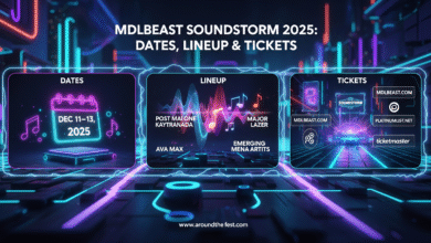 MDLBEAST Soundstorm 2025 featured banner with abstract cyber-festival cityscape, neon grids, holographic stages, dates Dec 11–13, lineup icons for Post Malone, Kaytranada, Major Lazer, Ava Max, emerging MENA artists, and ticket platforms MDLBEAST.com, Platinumlist.net, Ticketmaster, no humans."