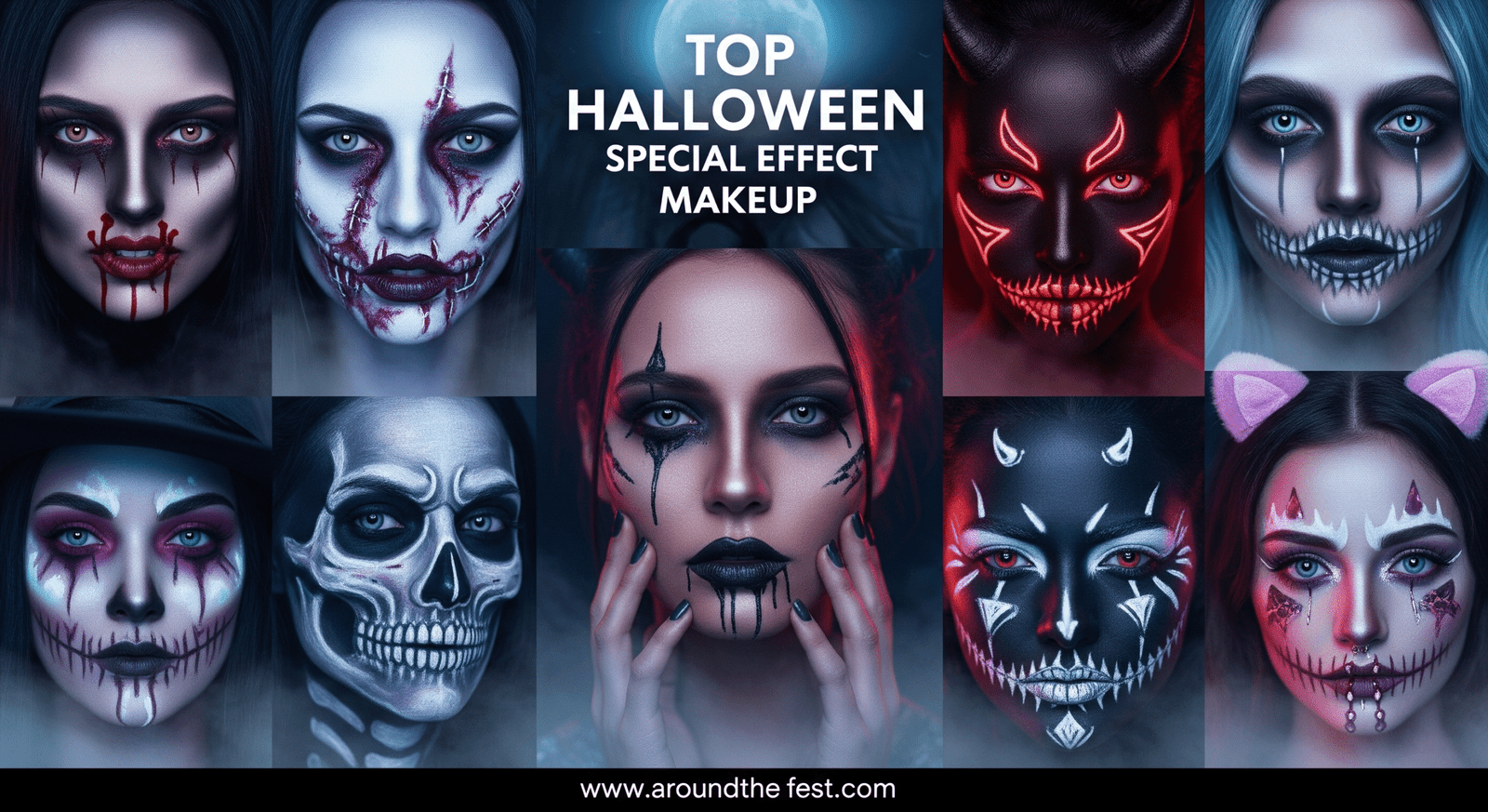Featured banner of top Halloween 2025 special effects makeup trends, including zombies, vampires, and neon cyberpunk looks."