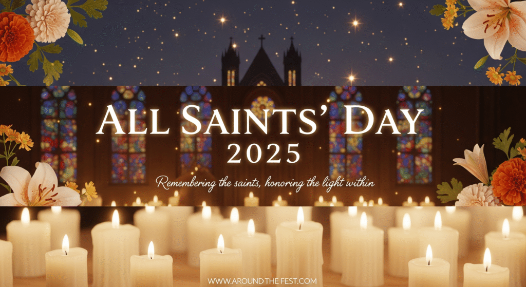"All Saints’ Day 2025 banner with glowing candles, cathedral outline, and quote: ‘Remembering the saints, honoring the light within.’"