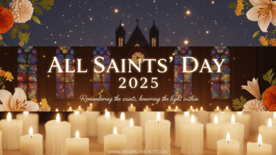 "All Saints’ Day 2025 banner with glowing candles, cathedral outline, and quote: ‘Remembering the saints, honoring the light within.’"