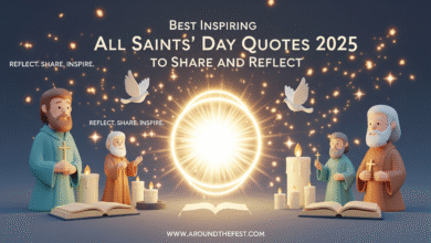 "Featured banner for All Saints’ Day 2025 with saintly inspiration, glowing halo, candles, doves, pastel-gold tones