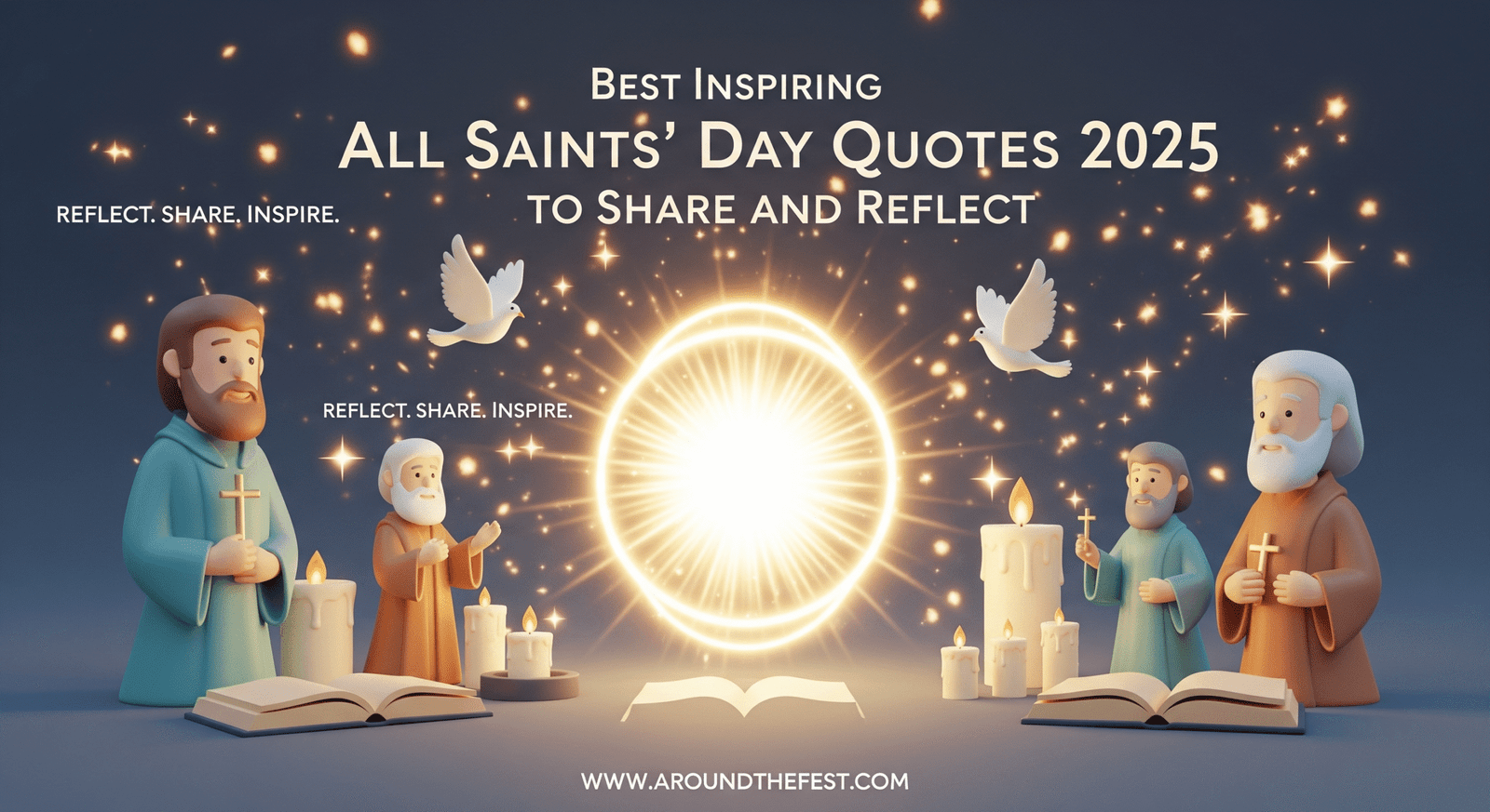 "Featured banner for All Saints’ Day 2025 with saintly inspiration, glowing halo, candles, doves, pastel-gold tones