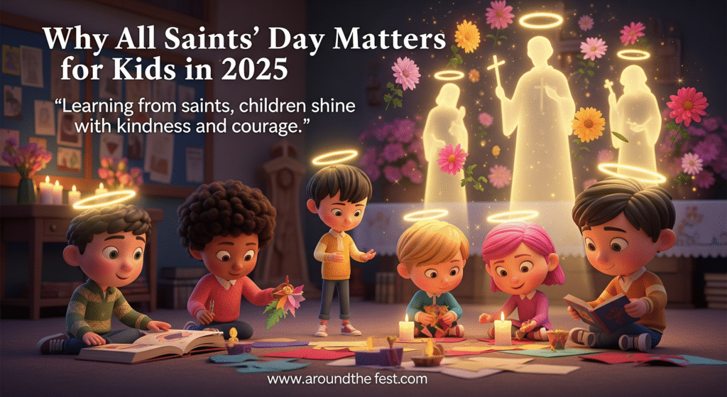 Children reading saint storybooks, crafting, and lighting candles, with haloed saint silhouettes, lilies, and the quote ‘Learning from saints, children shine with kindness and courage’.”
