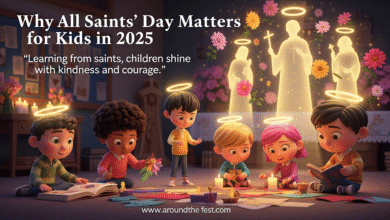 Children reading saint storybooks, crafting, and lighting candles, with haloed saint silhouettes, lilies, and the quote ‘Learning from saints, children shine with kindness and courage’.”